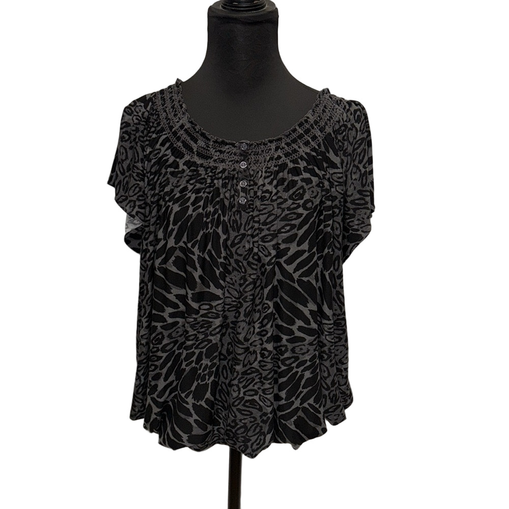 George Women’s 3X Gray Black Animal Print Stretch Scoop Neck Flowy Blouse Top